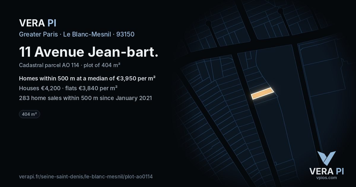 11 Avenue Jean-bart, Le Blanc-Mesnil at night – the plot lit, the parcels around coloured by the prices near them