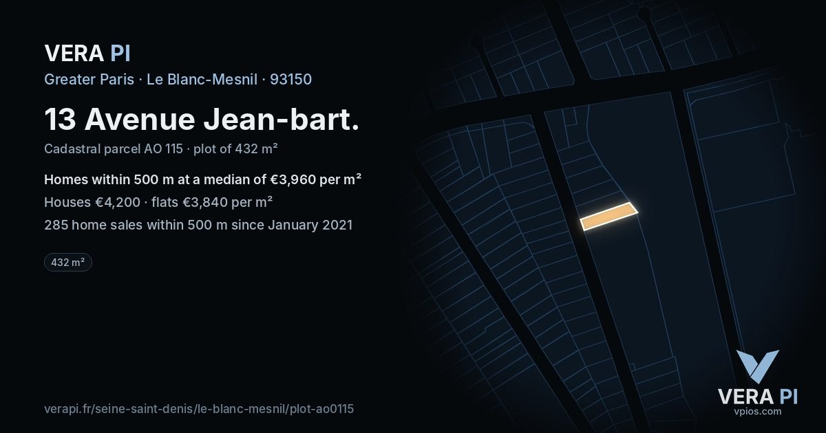 13 Avenue Jean-bart, Le Blanc-Mesnil at night – the plot lit, the parcels around coloured by the prices near them