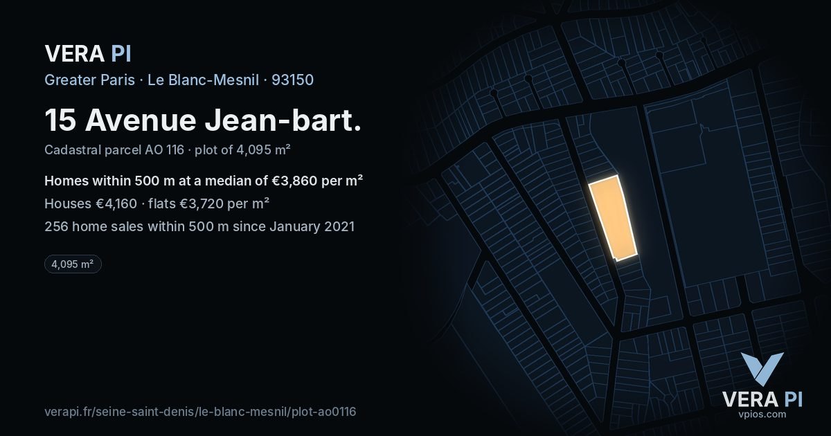 15 Avenue Jean-bart, Le Blanc-Mesnil at night – the plot lit, the parcels around coloured by the prices near them
