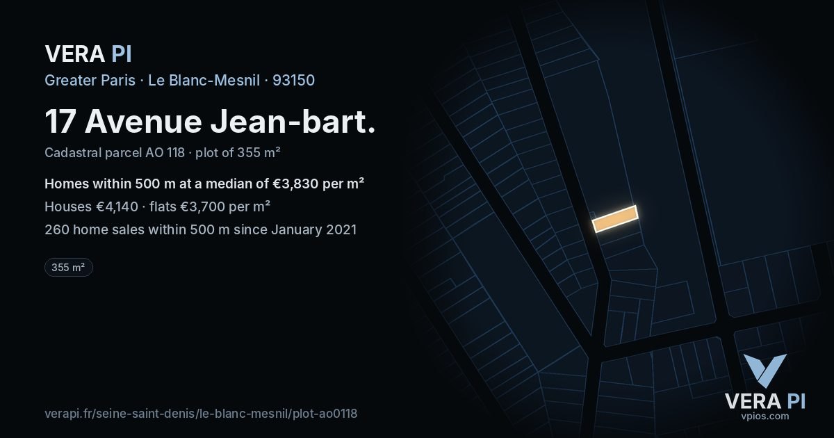 17 Avenue Jean-bart, Le Blanc-Mesnil at night – the plot lit, the parcels around coloured by the prices near them