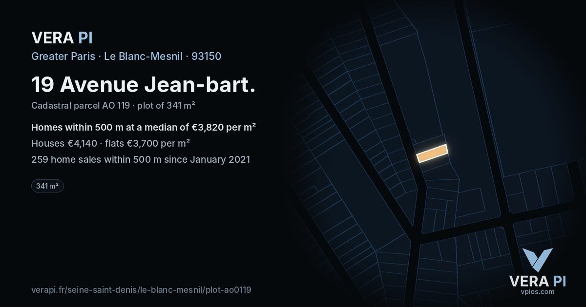 19 Avenue Jean-bart, Le Blanc-Mesnil at night – the plot lit, the parcels around coloured by the prices near them