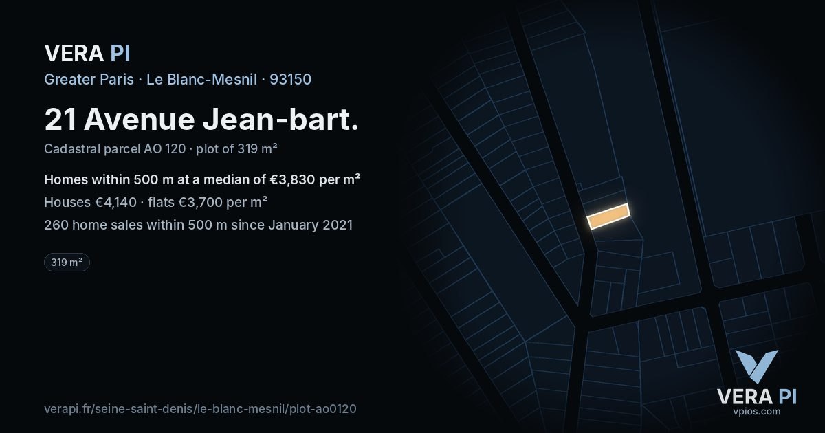 21 Avenue Jean-bart, Le Blanc-Mesnil at night – the plot lit, the parcels around coloured by the prices near them