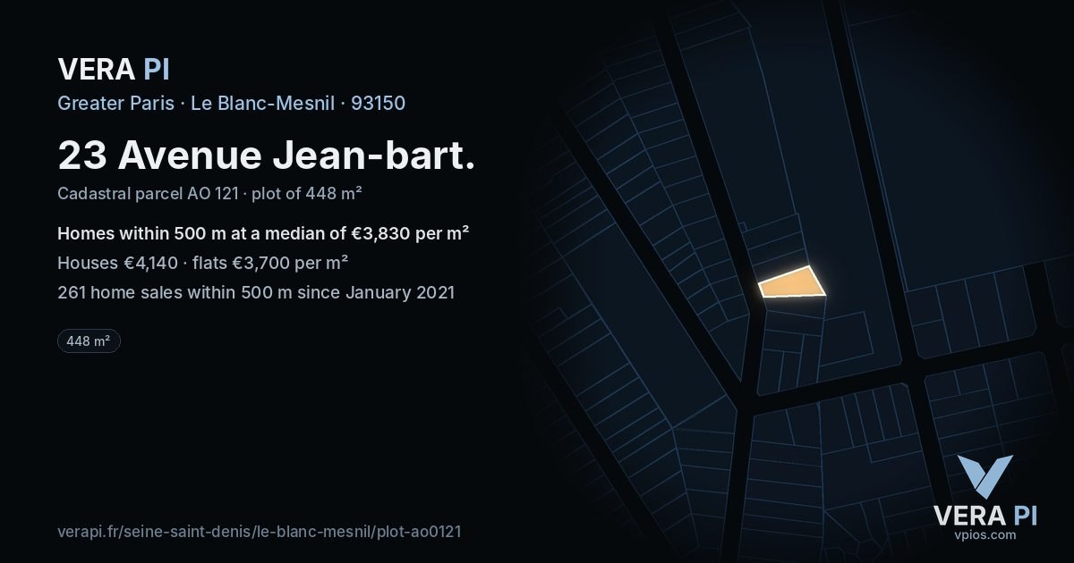 23 Avenue Jean-bart, Le Blanc-Mesnil at night – the plot lit, the parcels around coloured by the prices near them