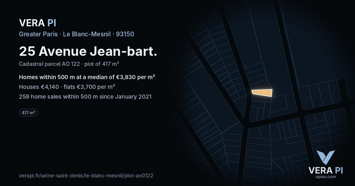 25 Avenue Jean-bart, Le Blanc-Mesnil at night – the plot lit, the parcels around coloured by the prices near them