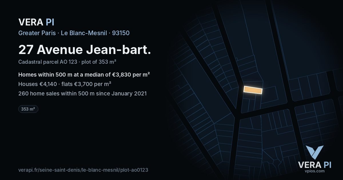 27 Avenue Jean-bart, Le Blanc-Mesnil at night – the plot lit, the parcels around coloured by the prices near them