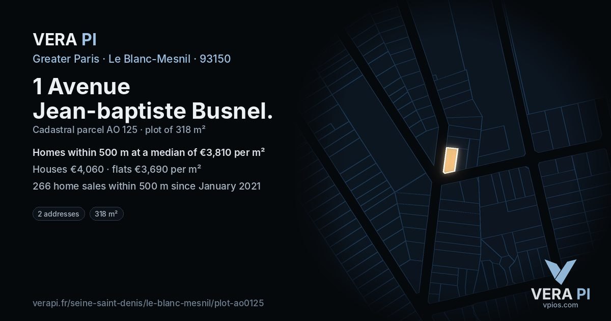 1 Avenue Jean-baptiste Busnel, Le Blanc-Mesnil at night – the plot lit, the parcels around coloured by the prices near them