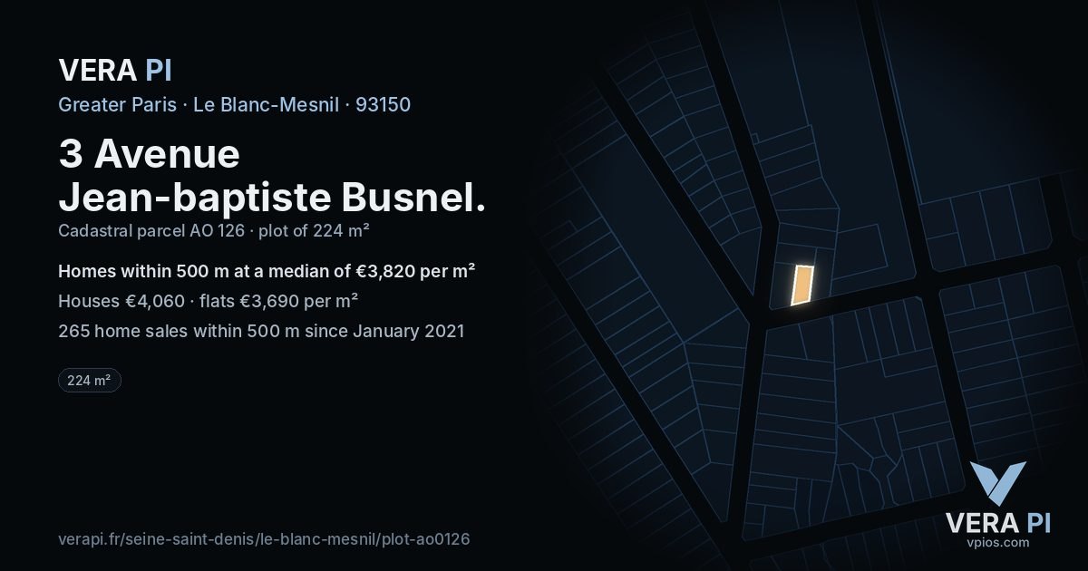 3 Avenue Jean-baptiste Busnel, Le Blanc-Mesnil at night – the plot lit, the parcels around coloured by the prices near them