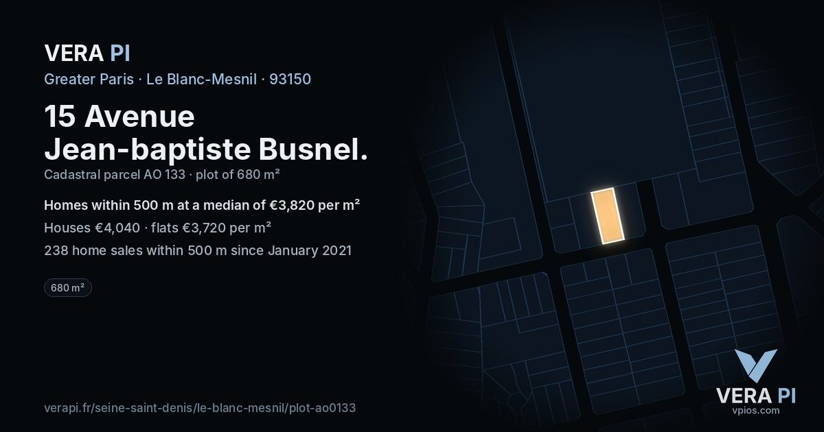 15 Avenue Jean-baptiste Busnel, Le Blanc-Mesnil at night – the plot lit, the parcels around coloured by the prices near them