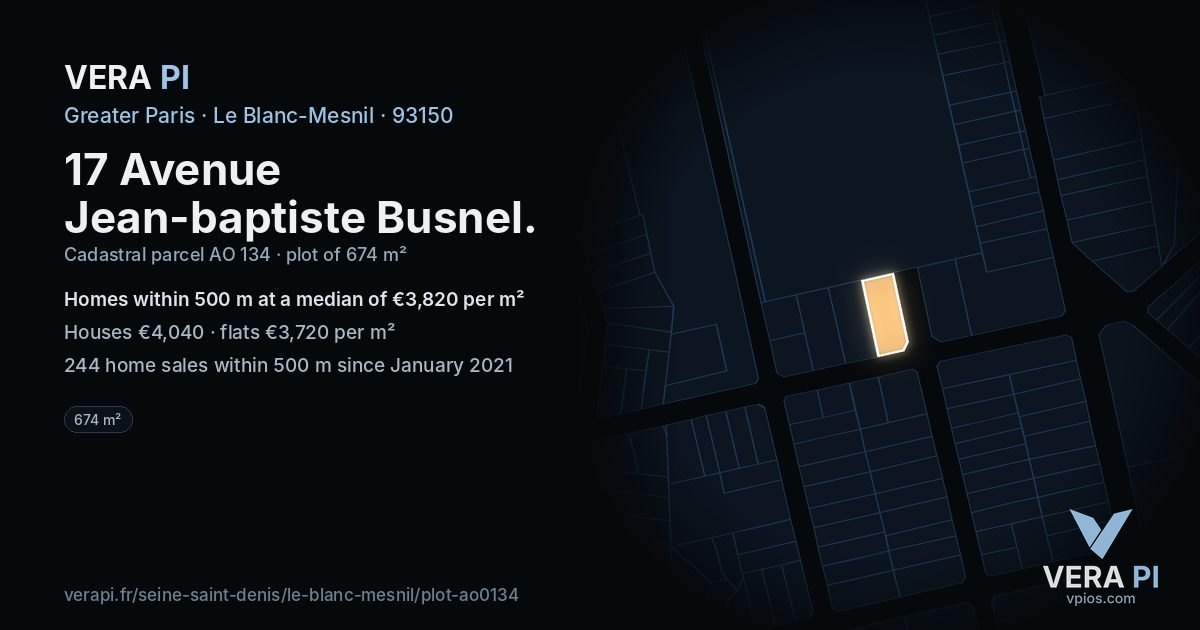 17 Avenue Jean-baptiste Busnel, Le Blanc-Mesnil at night – the plot lit, the parcels around coloured by the prices near them