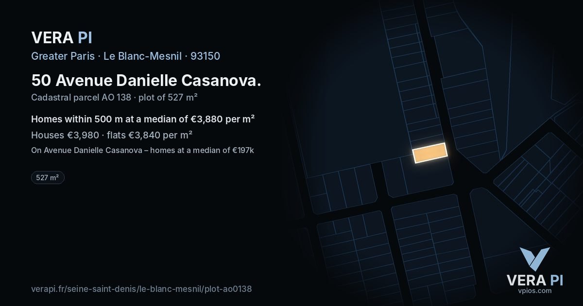 50 Avenue Danielle Casanova, Le Blanc-Mesnil at night – the plot lit, the parcels around coloured by the prices near them