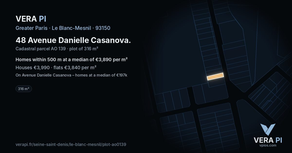48 Avenue Danielle Casanova, Le Blanc-Mesnil at night – the plot lit, the parcels around coloured by the prices near them