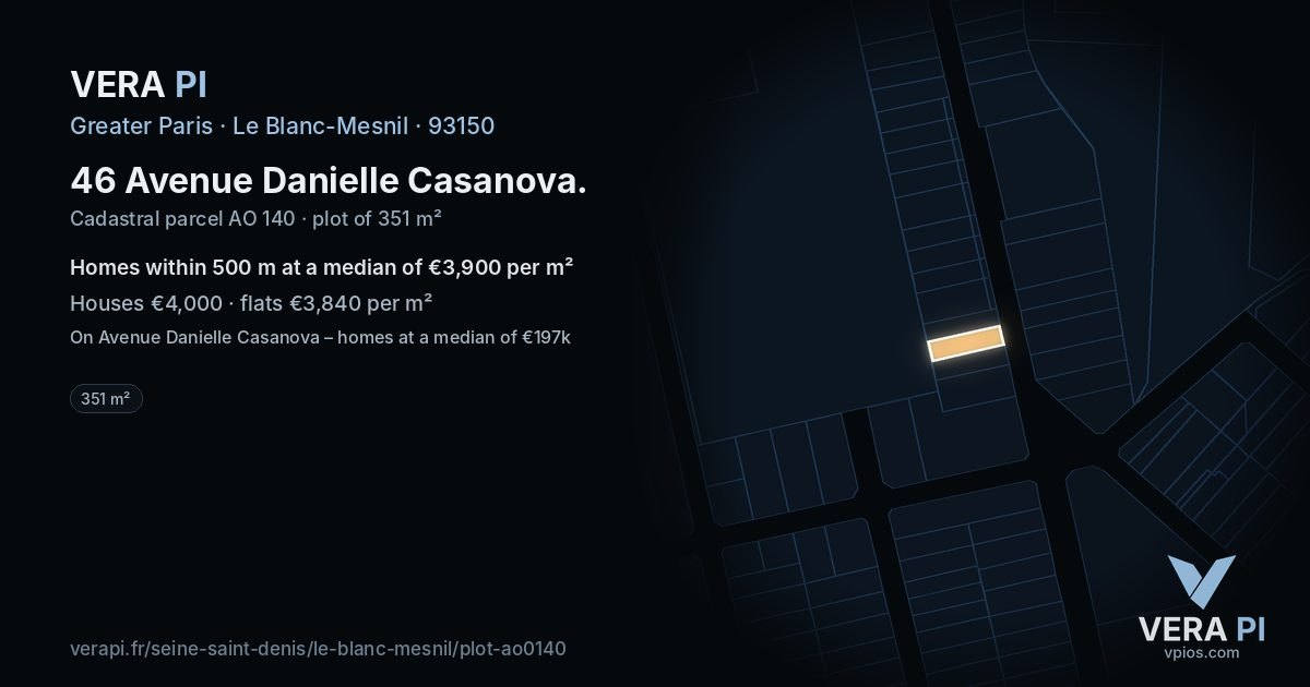 46 Avenue Danielle Casanova, Le Blanc-Mesnil at night – the plot lit, the parcels around coloured by the prices near them