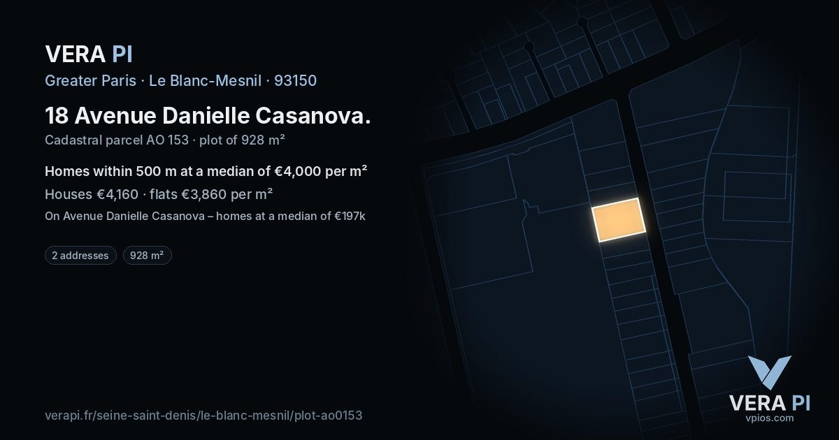 18 Avenue Danielle Casanova, Le Blanc-Mesnil at night – the plot lit, the parcels around coloured by the prices near them