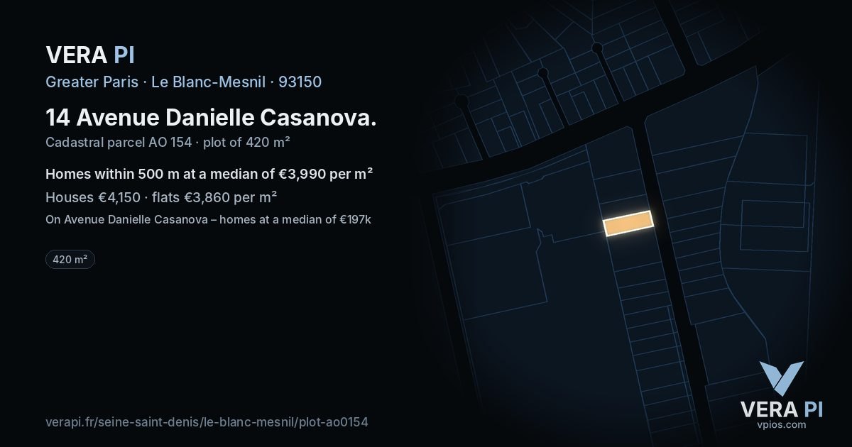 14 Avenue Danielle Casanova, Le Blanc-Mesnil at night – the plot lit, the parcels around coloured by the prices near them