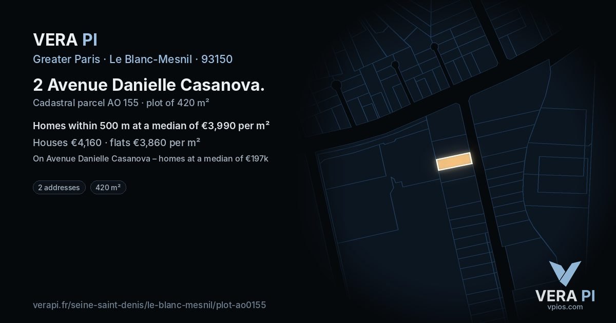 2 Avenue Danielle Casanova, Le Blanc-Mesnil at night – the plot lit, the parcels around coloured by the prices near them