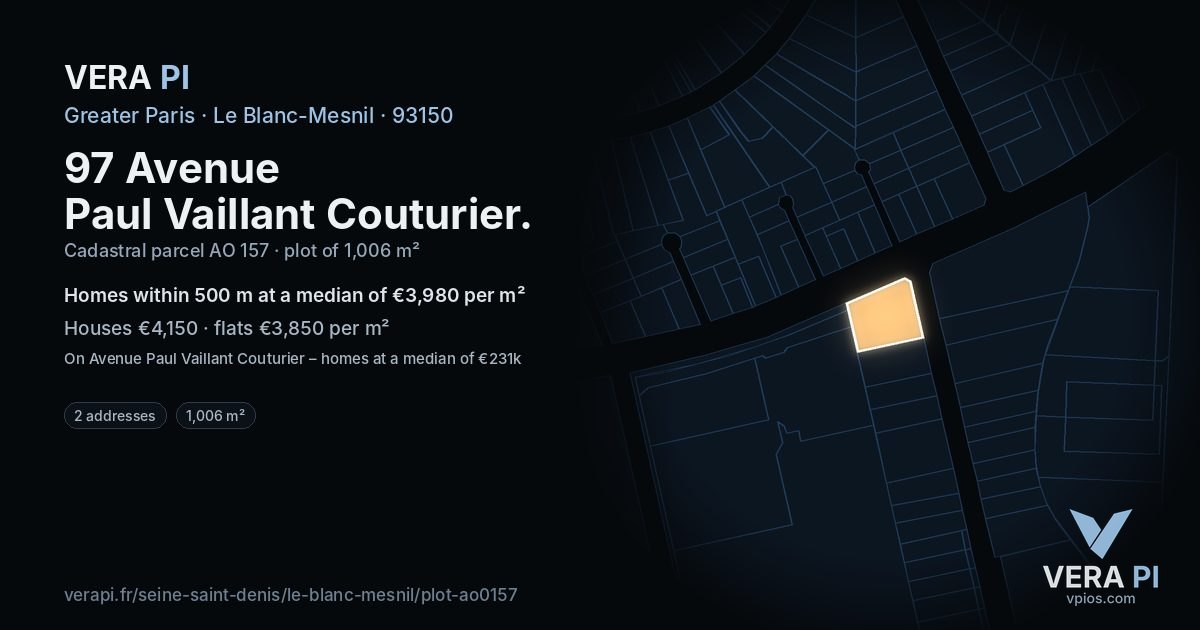 97 Avenue Paul Vaillant Couturier, Le Blanc-Mesnil at night – the plot lit, the parcels around coloured by the prices near them