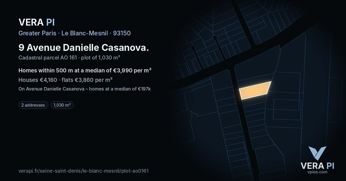 9 Avenue Danielle Casanova, Le Blanc-Mesnil at night – the plot lit, the parcels around coloured by the prices near them