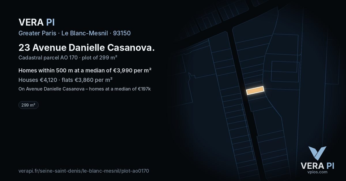 23 Avenue Danielle Casanova, Le Blanc-Mesnil at night – the plot lit, the parcels around coloured by the prices near them