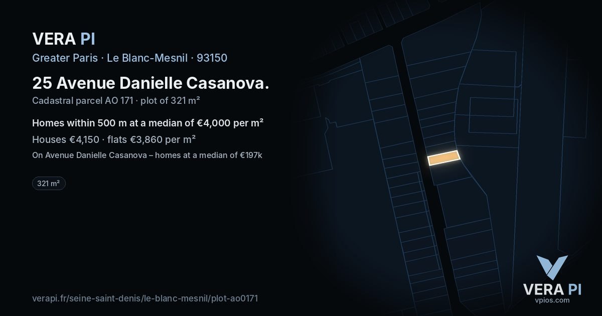 25 Avenue Danielle Casanova, Le Blanc-Mesnil at night – the plot lit, the parcels around coloured by the prices near them