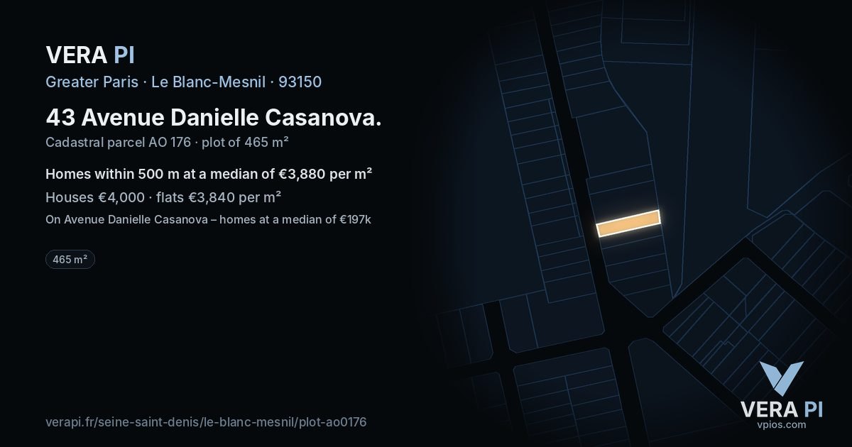 43 Avenue Danielle Casanova, Le Blanc-Mesnil at night – the plot lit, the parcels around coloured by the prices near them