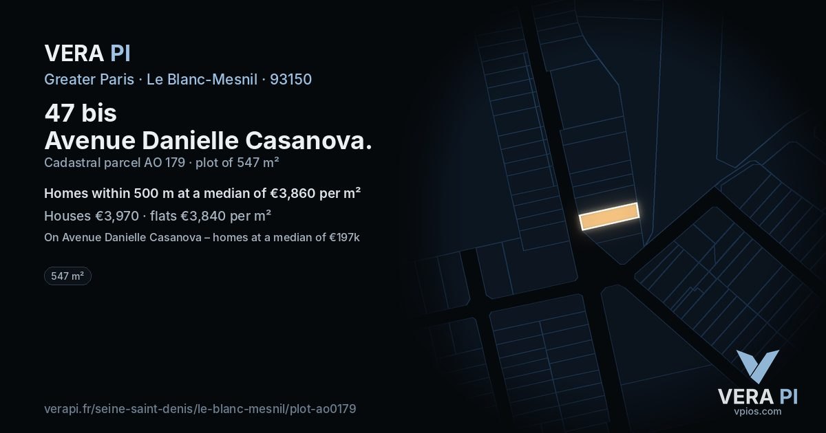 47 bis Avenue Danielle Casanova, Le Blanc-Mesnil at night – the plot lit, the parcels around coloured by the prices near them