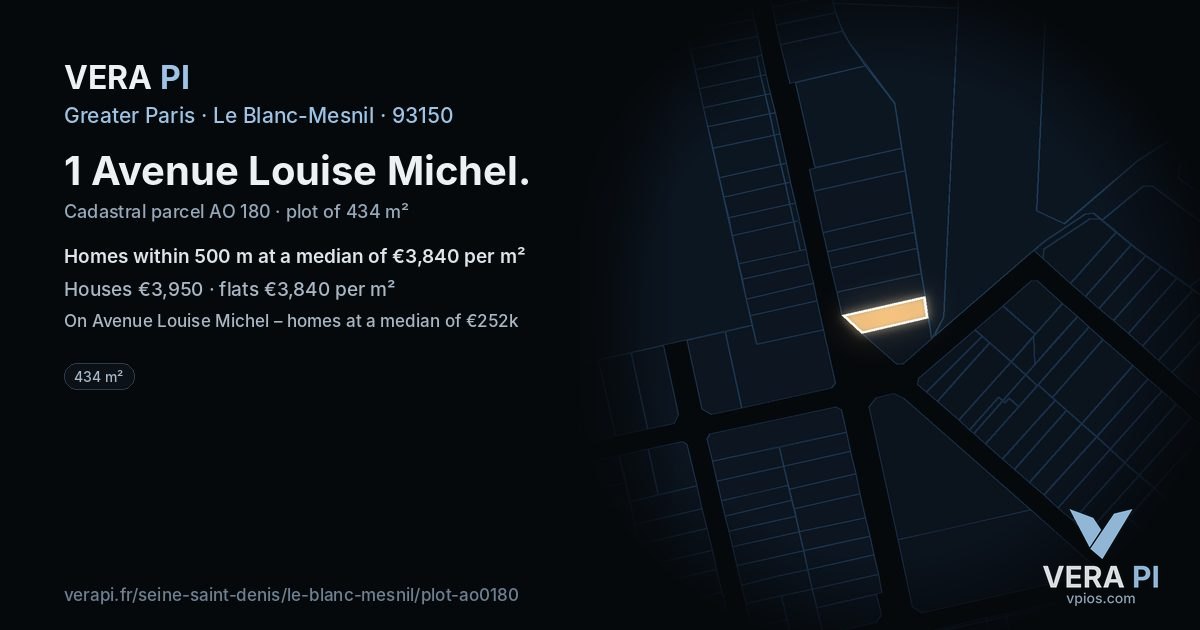 1 Avenue Louise Michel, Le Blanc-Mesnil at night – the plot lit, the parcels around coloured by the prices near them