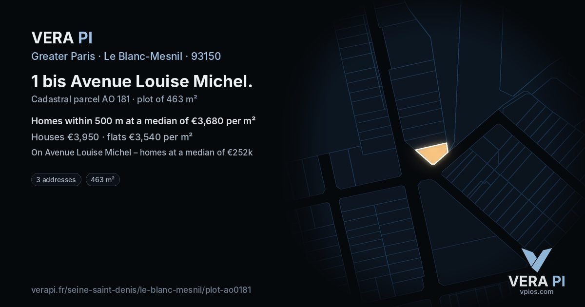 1 bis Avenue Louise Michel, Le Blanc-Mesnil at night – the plot lit, the parcels around coloured by the prices near them