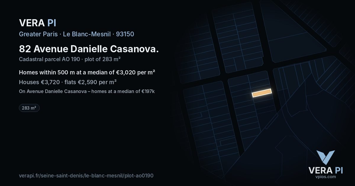 82 Avenue Danielle Casanova, Le Blanc-Mesnil at night – the plot lit, the parcels around coloured by the prices near them