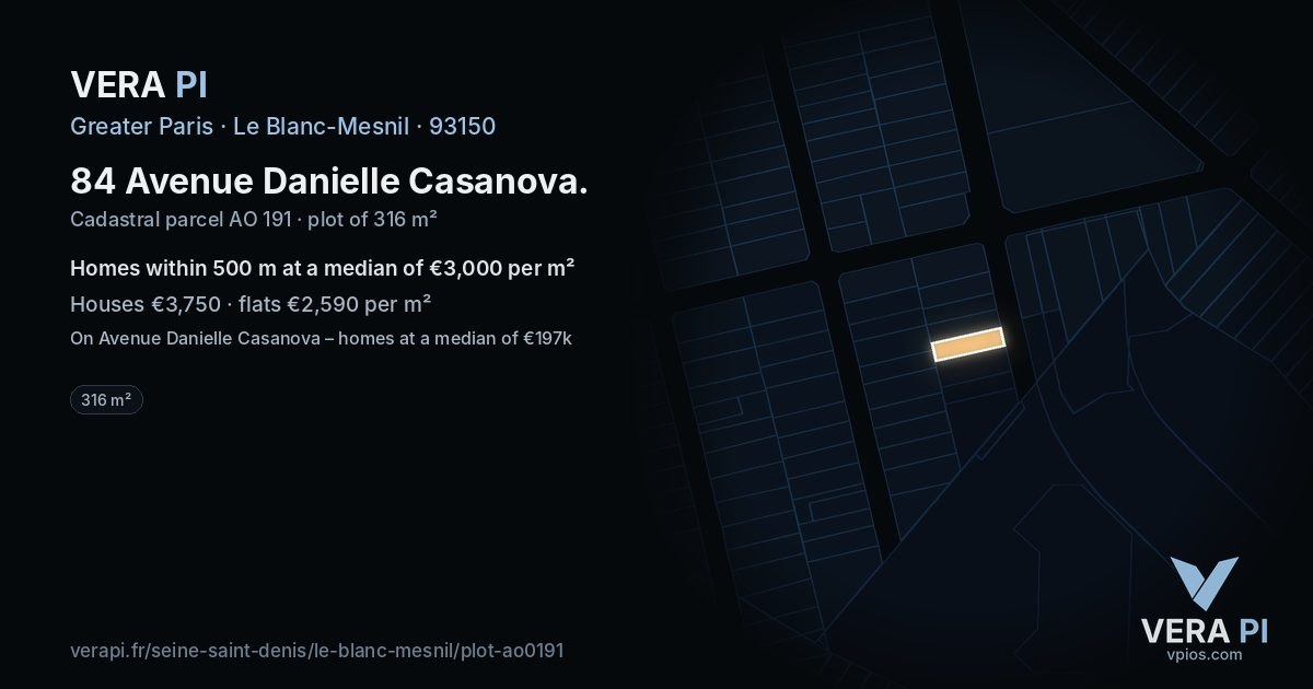 84 Avenue Danielle Casanova, Le Blanc-Mesnil at night – the plot lit, the parcels around coloured by the prices near them