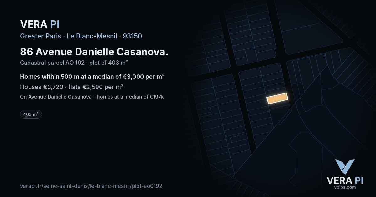86 Avenue Danielle Casanova, Le Blanc-Mesnil at night – the plot lit, the parcels around coloured by the prices near them