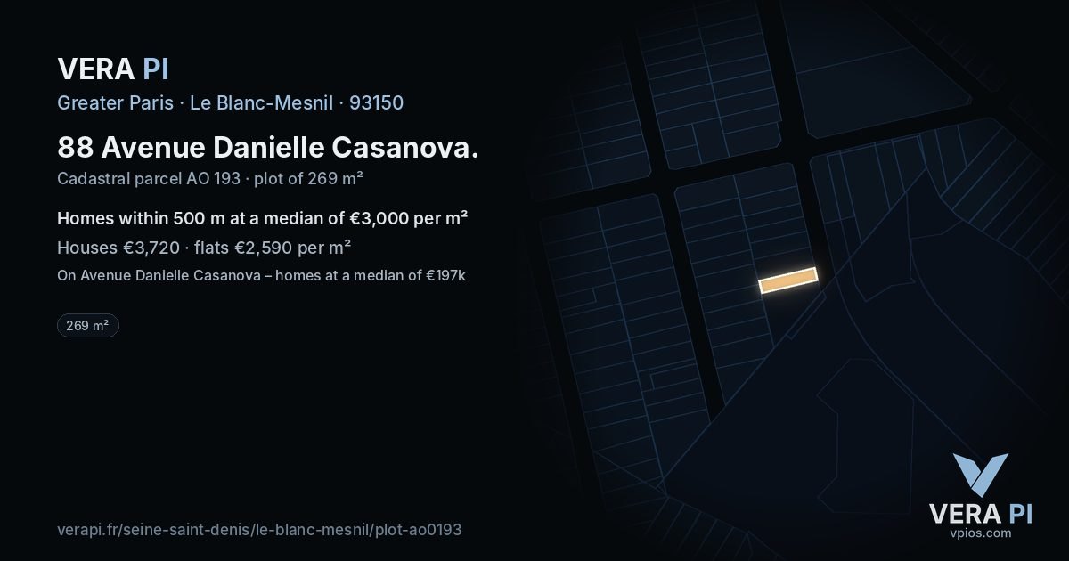 88 Avenue Danielle Casanova, Le Blanc-Mesnil at night – the plot lit, the parcels around coloured by the prices near them