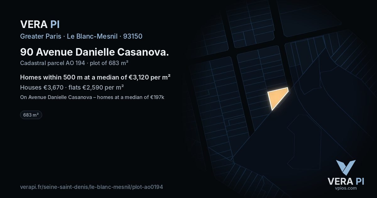 90 Avenue Danielle Casanova, Le Blanc-Mesnil at night – the plot lit, the parcels around coloured by the prices near them