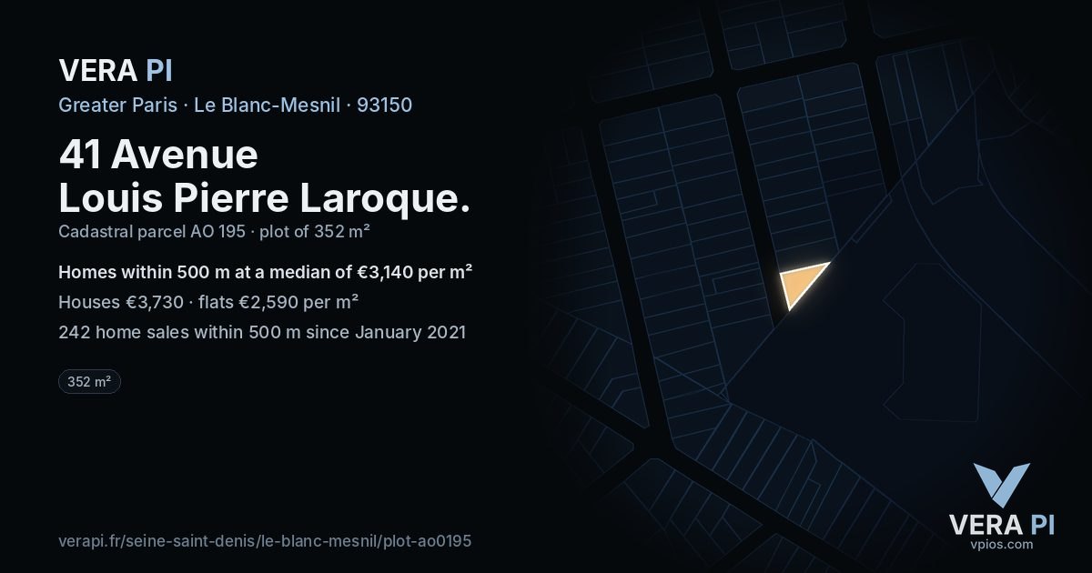 41 Avenue Louis Pierre Laroque, Le Blanc-Mesnil at night – the plot lit, the parcels around coloured by the prices near them