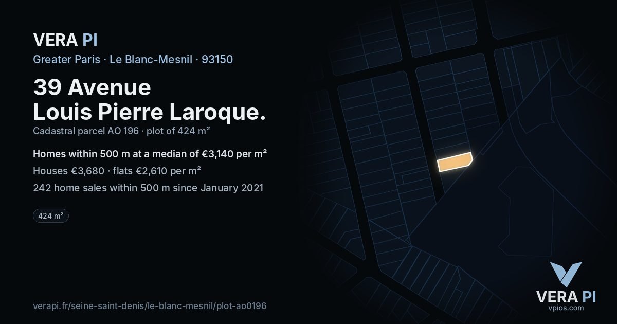 39 Avenue Louis Pierre Laroque, Le Blanc-Mesnil at night – the plot lit, the parcels around coloured by the prices near them