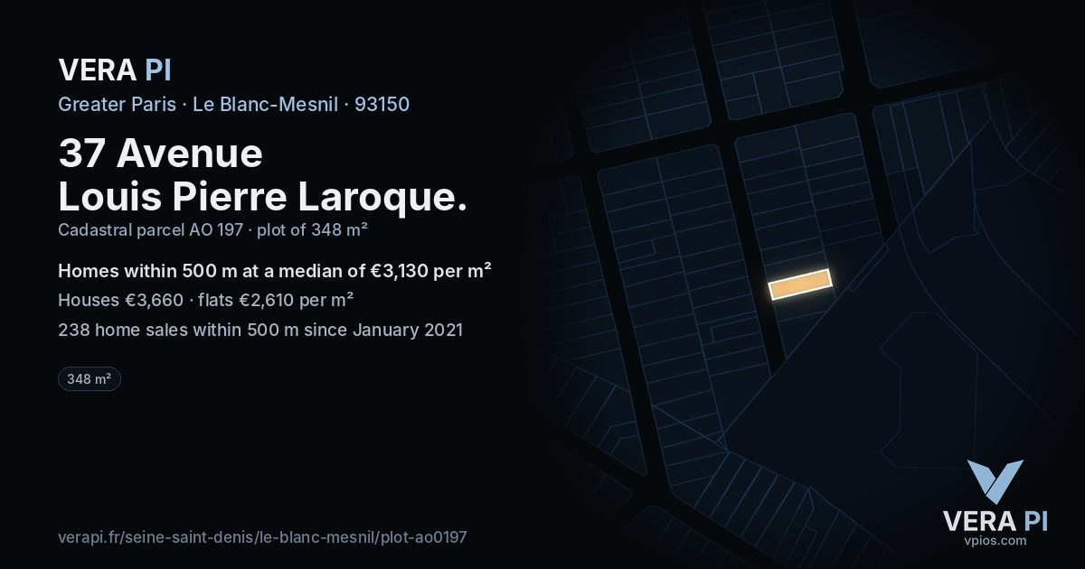 37 Avenue Louis Pierre Laroque, Le Blanc-Mesnil at night – the plot lit, the parcels around coloured by the prices near them