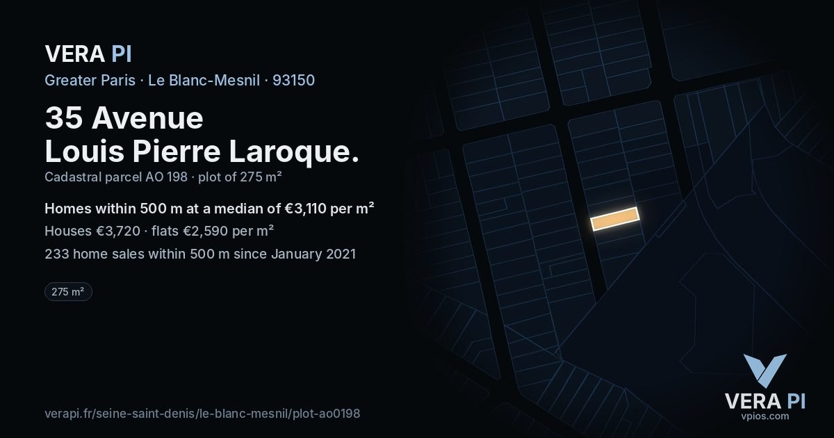 35 Avenue Louis Pierre Laroque, Le Blanc-Mesnil at night – the plot lit, the parcels around coloured by the prices near them