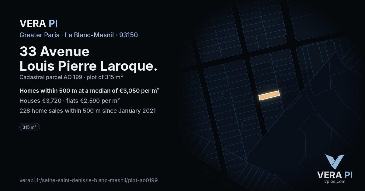 33 Avenue Louis Pierre Laroque, Le Blanc-Mesnil at night – the plot lit, the parcels around coloured by the prices near them