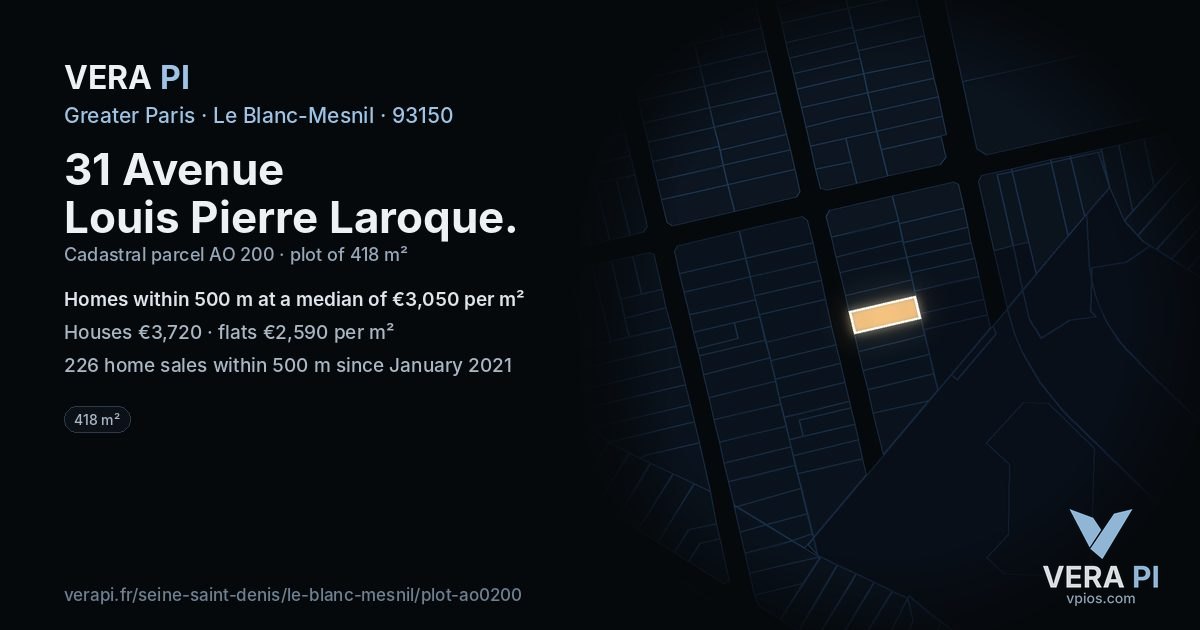 31 Avenue Louis Pierre Laroque, Le Blanc-Mesnil at night – the plot lit, the parcels around coloured by the prices near them