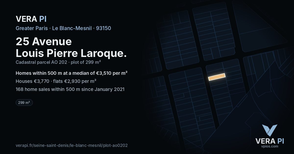 25 Avenue Louis Pierre Laroque, Le Blanc-Mesnil at night – the plot lit, the parcels around coloured by the prices near them