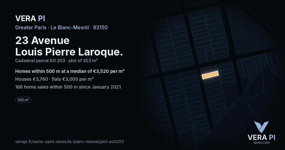 23 Avenue Louis Pierre Laroque, Le Blanc-Mesnil at night – the plot lit, the parcels around coloured by the prices near them