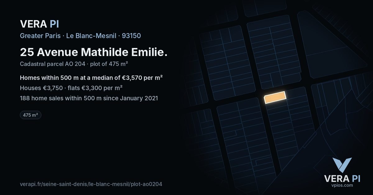 25 Avenue Mathilde Emilie, Le Blanc-Mesnil at night – the plot lit, the parcels around coloured by the prices near them