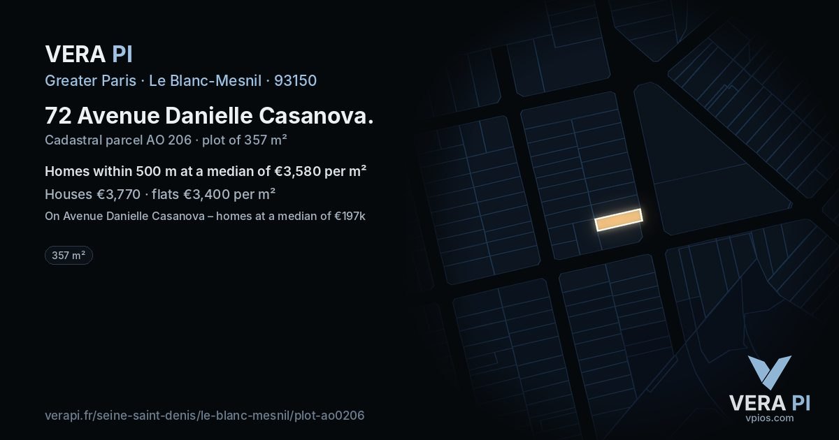 72 Avenue Danielle Casanova, Le Blanc-Mesnil at night – the plot lit, the parcels around coloured by the prices near them