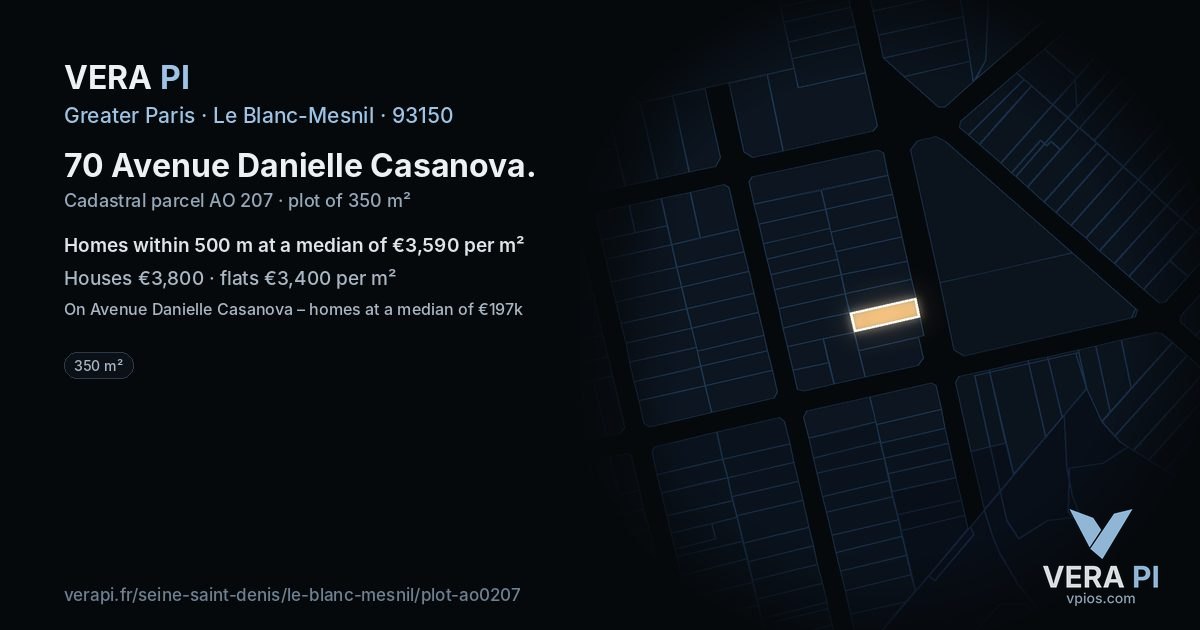 70 Avenue Danielle Casanova, Le Blanc-Mesnil at night – the plot lit, the parcels around coloured by the prices near them