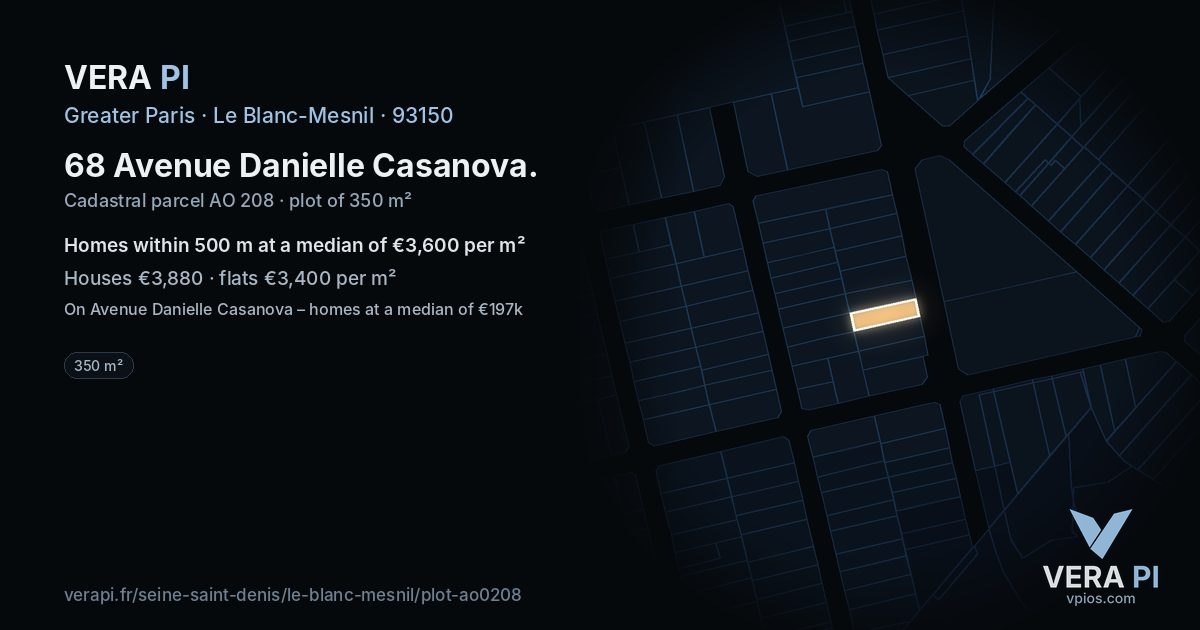 68 Avenue Danielle Casanova, Le Blanc-Mesnil at night – the plot lit, the parcels around coloured by the prices near them