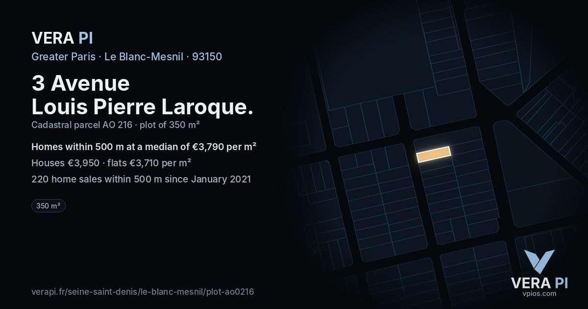 3 Avenue Louis Pierre Laroque, Le Blanc-Mesnil at night – the plot lit, the parcels around coloured by the prices near them