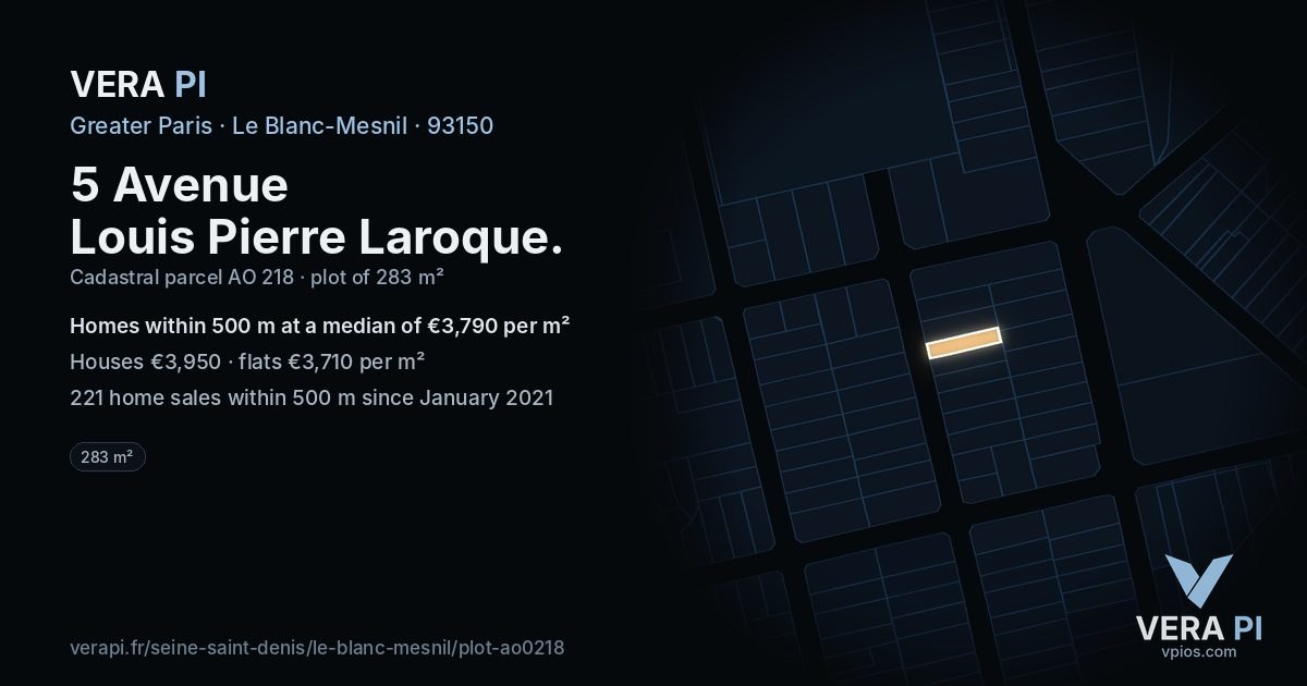 5 Avenue Louis Pierre Laroque, Le Blanc-Mesnil at night – the plot lit, the parcels around coloured by the prices near them