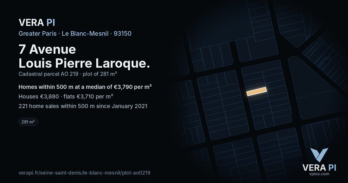 7 Avenue Louis Pierre Laroque, Le Blanc-Mesnil at night – the plot lit, the parcels around coloured by the prices near them