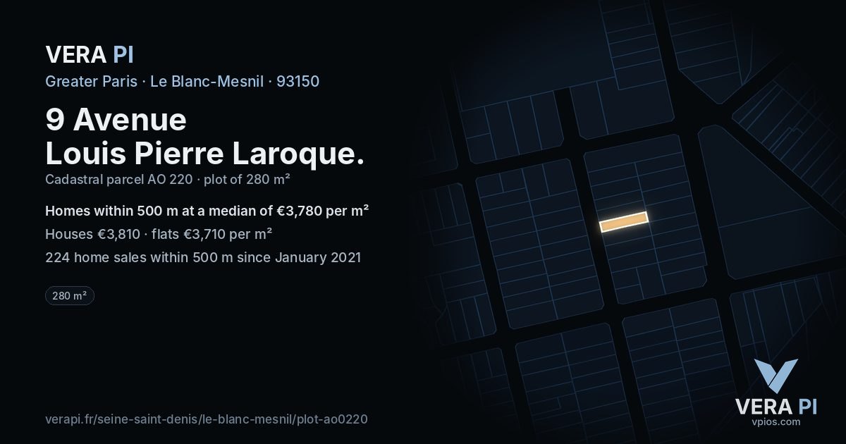 9 Avenue Louis Pierre Laroque, Le Blanc-Mesnil at night – the plot lit, the parcels around coloured by the prices near them