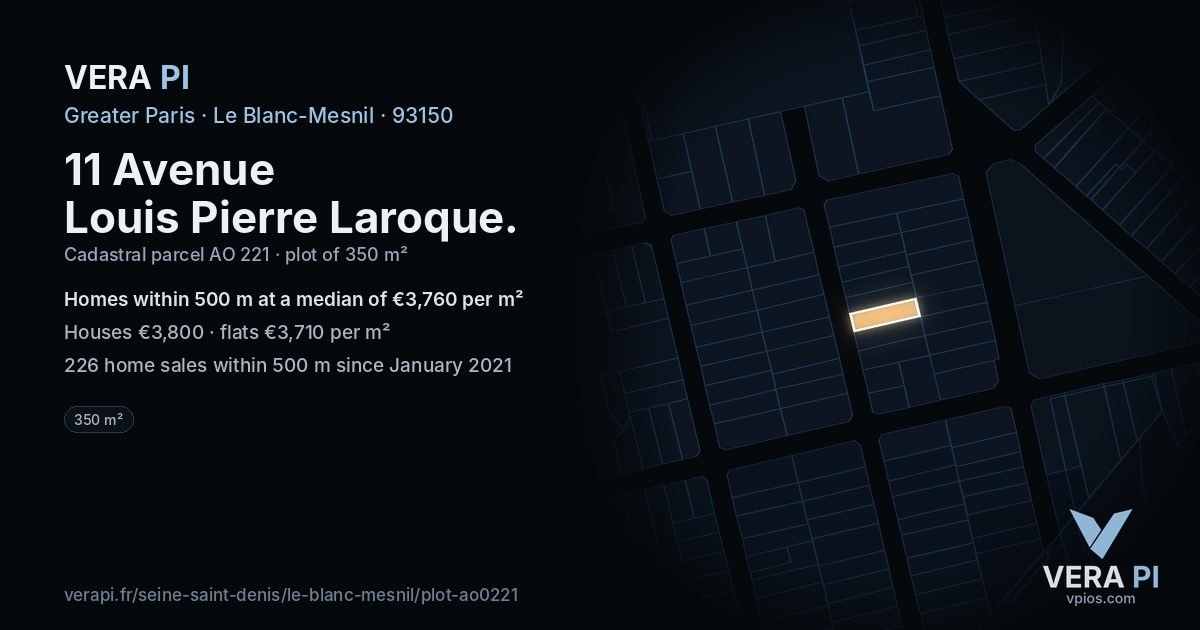 11 Avenue Louis Pierre Laroque, Le Blanc-Mesnil at night – the plot lit, the parcels around coloured by the prices near them