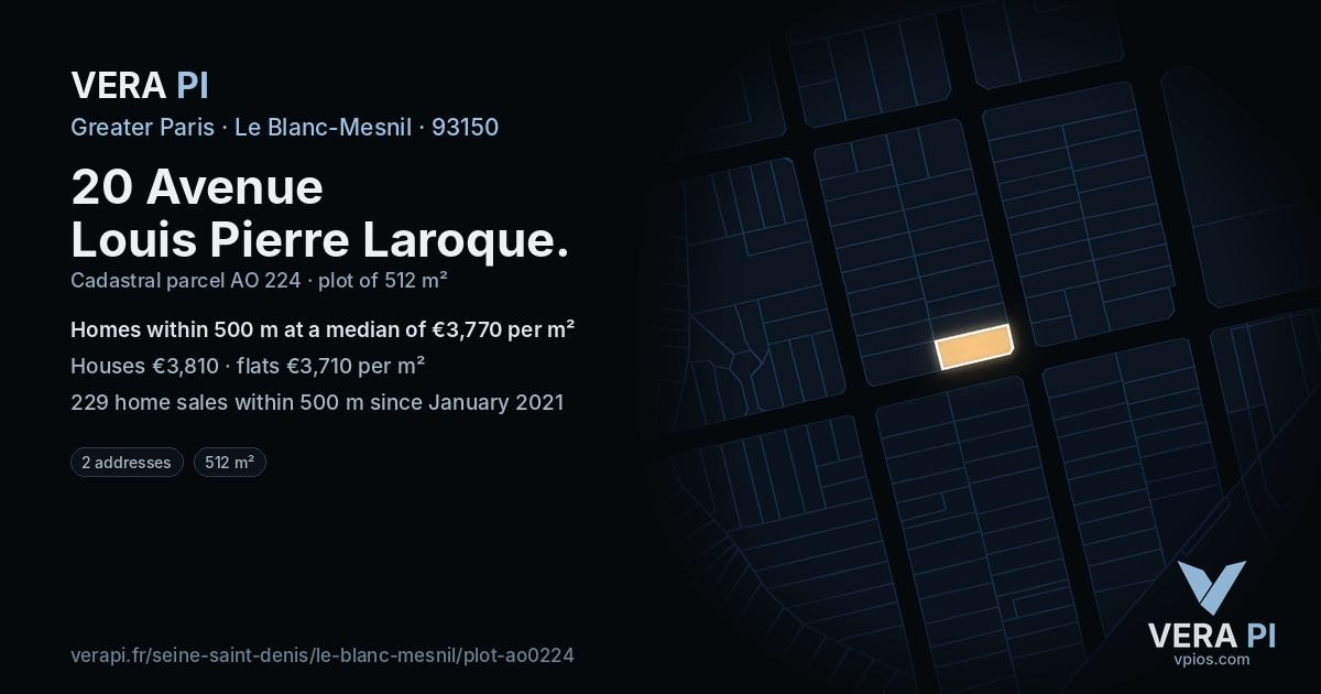 20 Avenue Louis Pierre Laroque, Le Blanc-Mesnil at night – the plot lit, the parcels around coloured by the prices near them